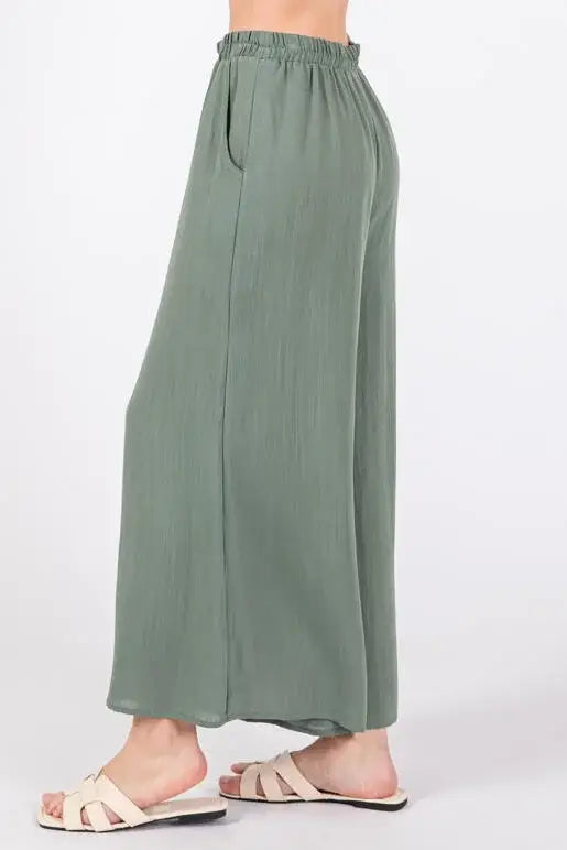 Woven Wide Leg Pull on Pants - NP16207E10: Sage Green
