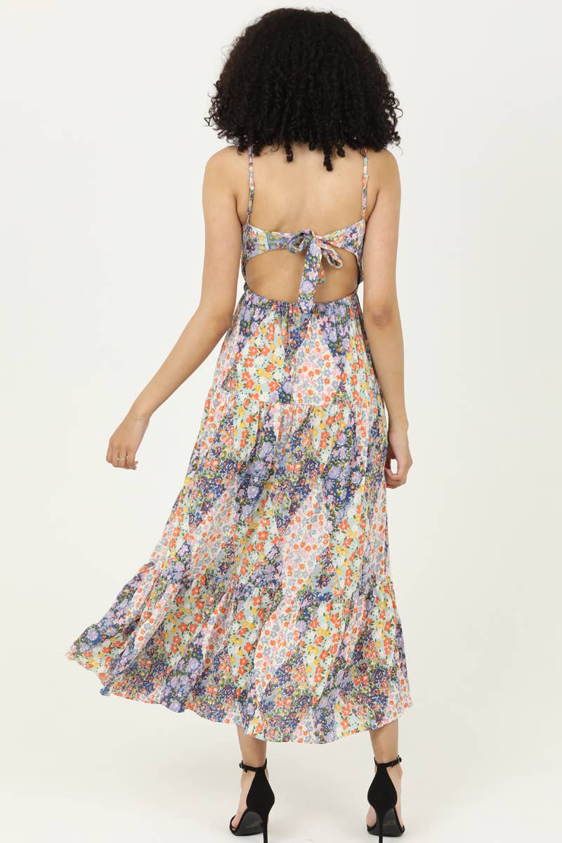 F4F72-FQ85 V NECK OPEN TIE BACK MAXI DRESS