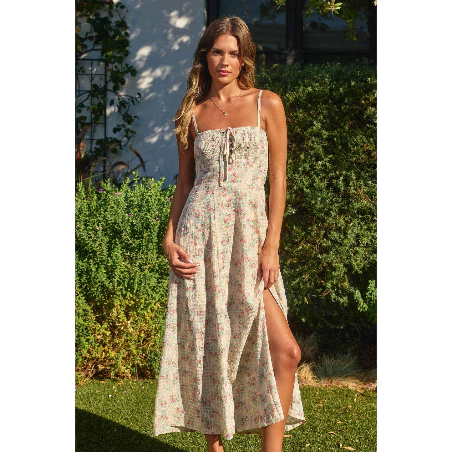 Whisper Lace Up Smocked Babydoll Dress: SPRING DITSY / FD11673-CP429