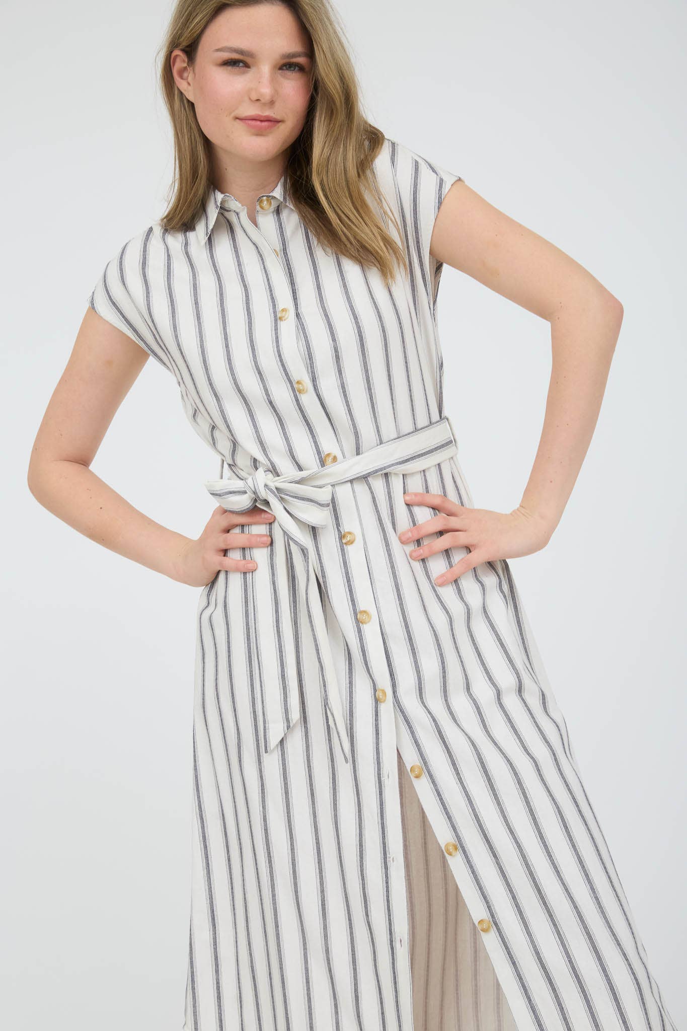 STRIPE COLLARED BUTTON DOWN BELT TIE SHIRT TB8804 : DENIM BLUE