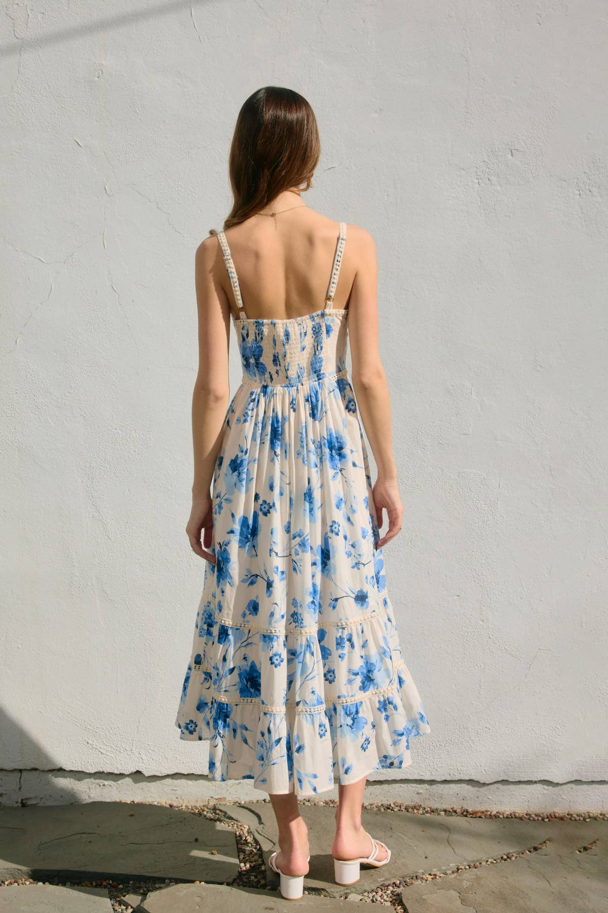 Azure Blossom Lace Trim Tiered Maxi Dress: BLUSHED BLUE / FD12907-P2127