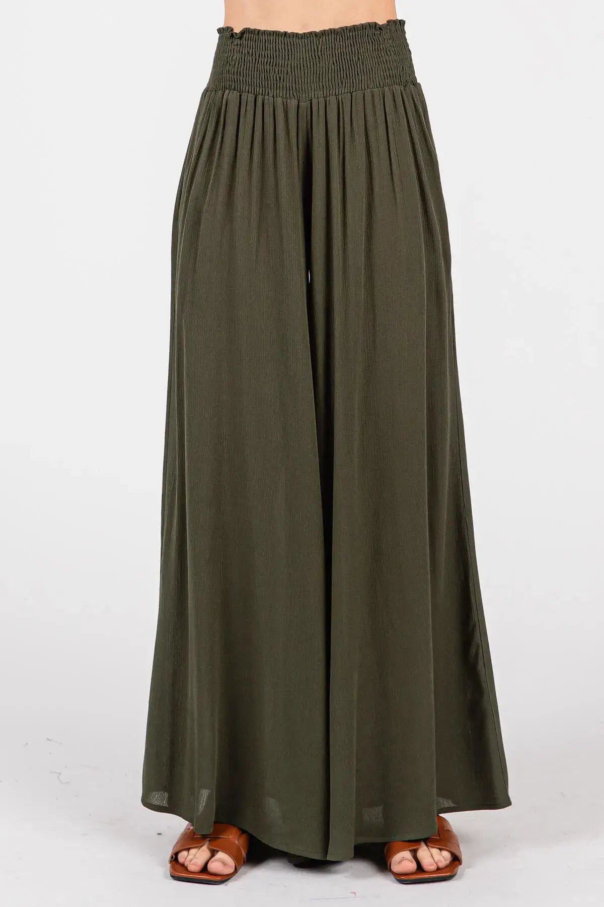 Smocked Waist Wide Leg Pants - NP16530Y: Military Green