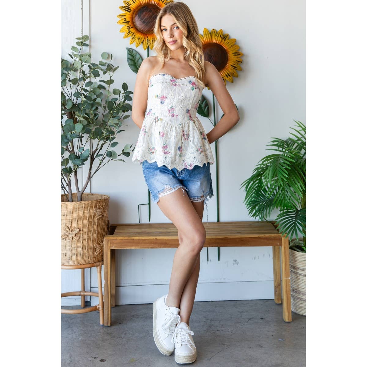 Flower Printed Lace Tube Top: Blue Combo / VT71968-B1