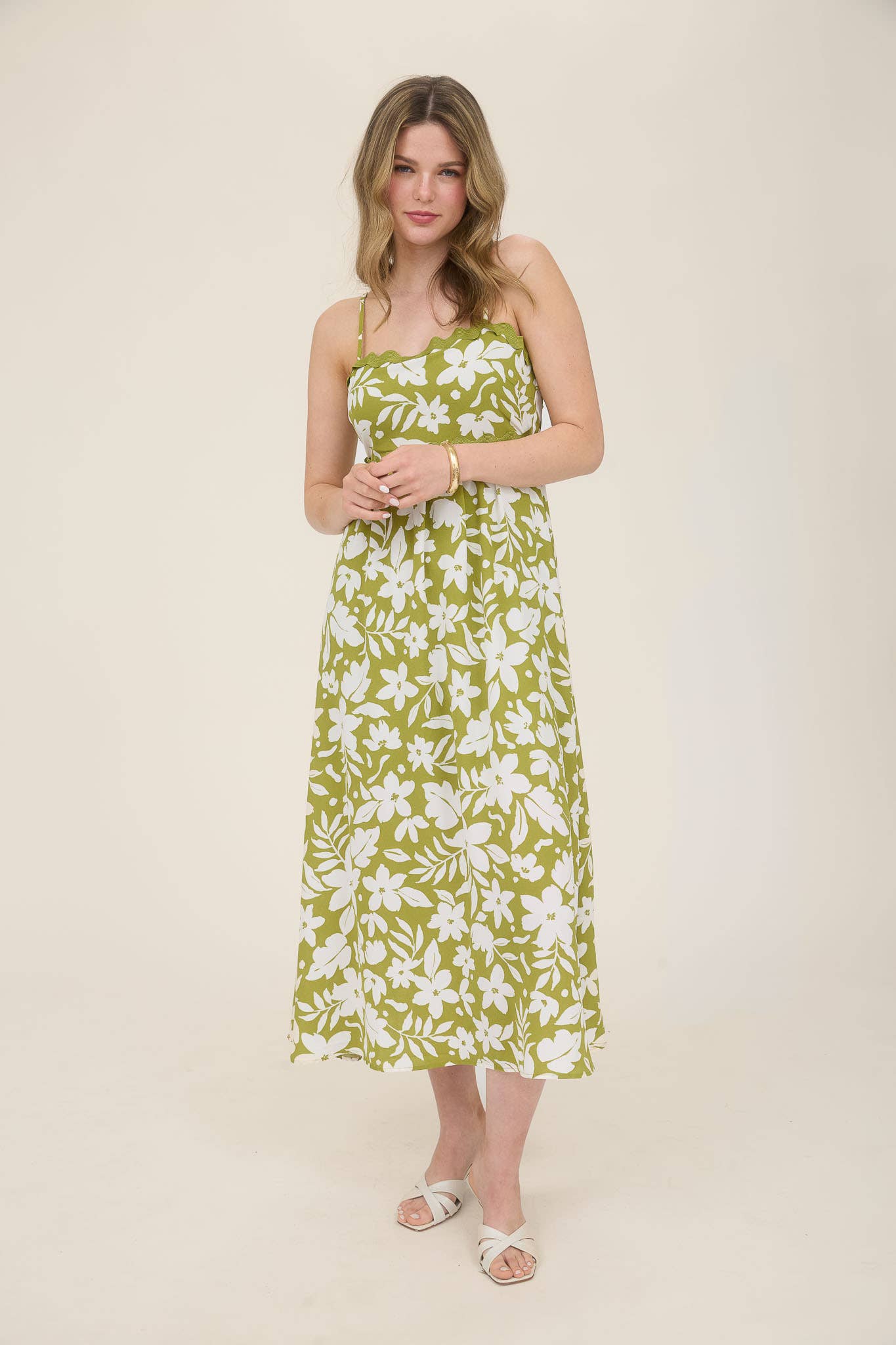 FLORAL WAVY TRIM BACK TIE MIDI DRESS: CR2562 KIWI