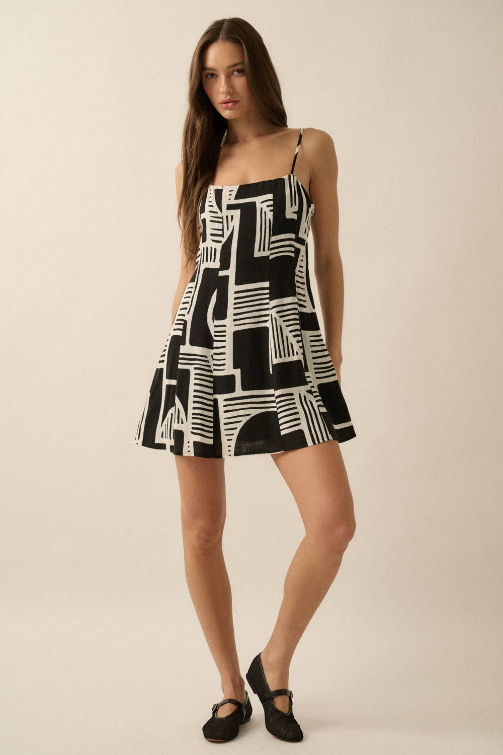 Abstract-Print A-Line Cami Mini Dress: BLACK / UDC0457C