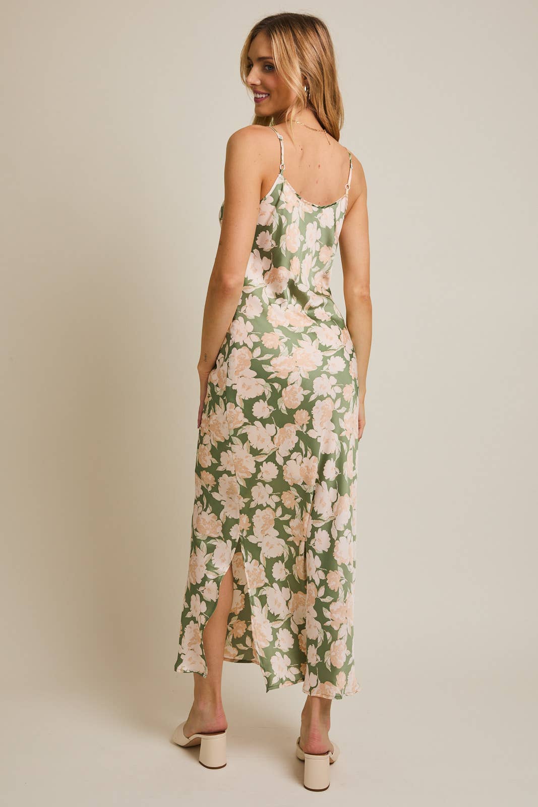 SWEETHEART NECK S.P.G STRAP FLORAL PRINT MAXI DRESS: GREEN-CREAM FLORAL / D19940