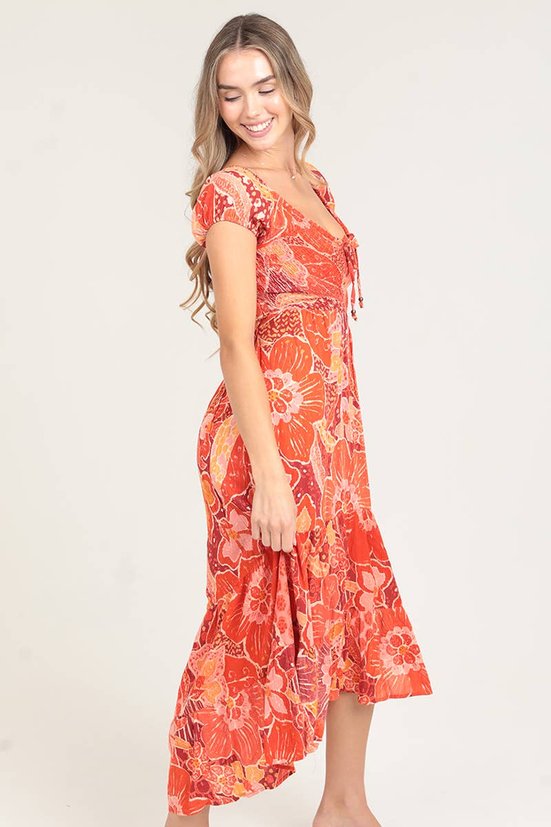 F4K79-A896 SMOCKED BODICE CRISS CROSS BACK MAXI DRESS W SLIT