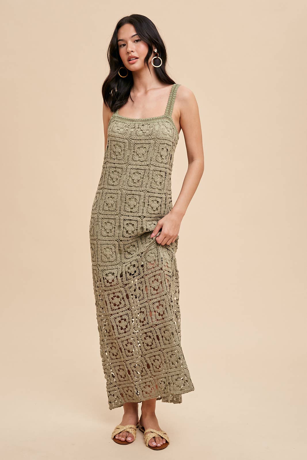 COTTON CROCHET MAXI TANK DRESS: DUSTY OLIVE / ILD5424-N
