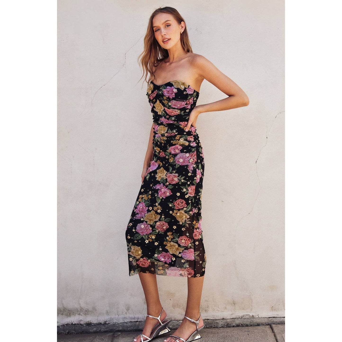 Floral Mesh Sweetheart Bodycon Maxi Dress: BLACK FD12061-P488
