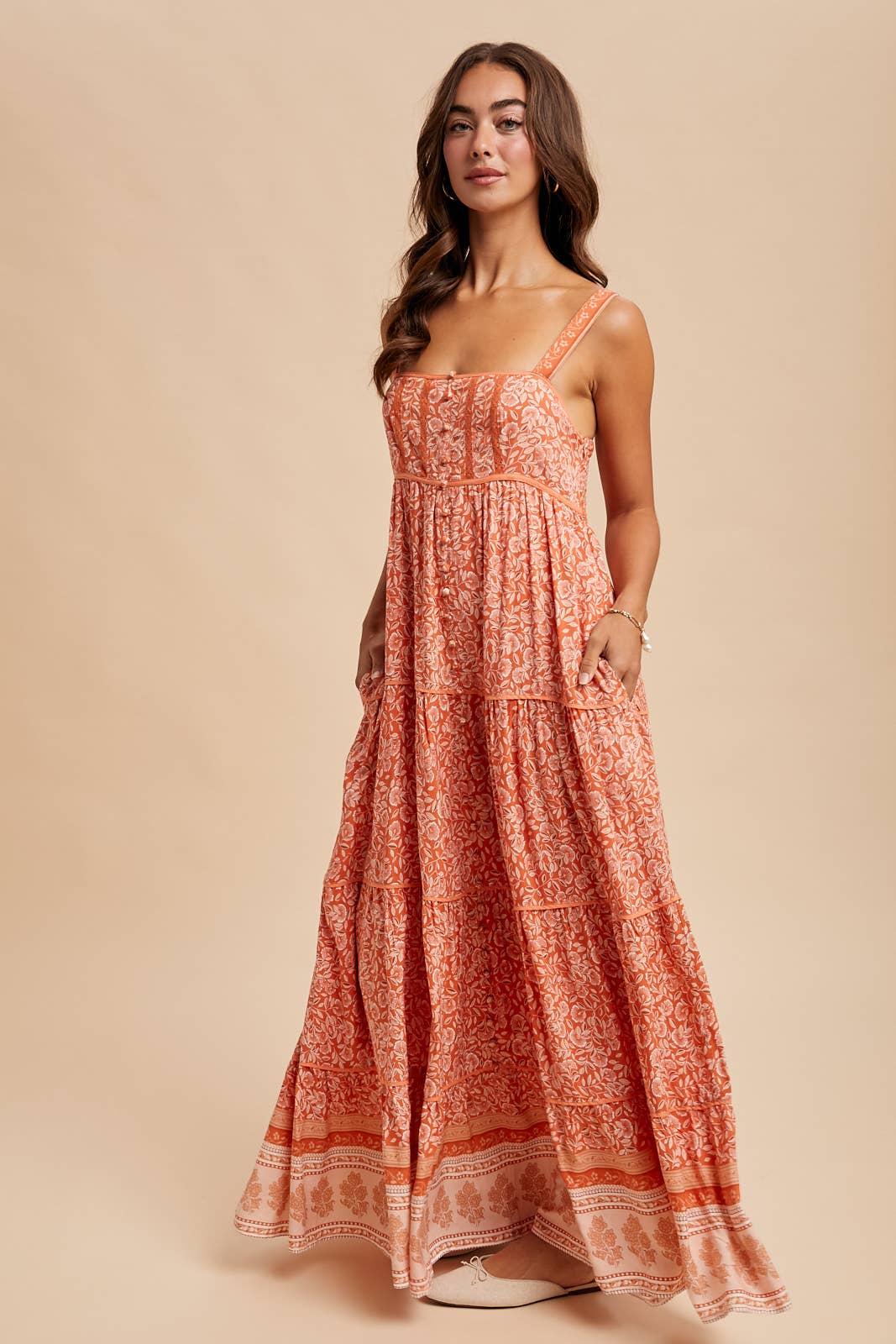 BORDER PRINT SLEEVELESS MAXI DRESS: PAPAYA / ILD6258