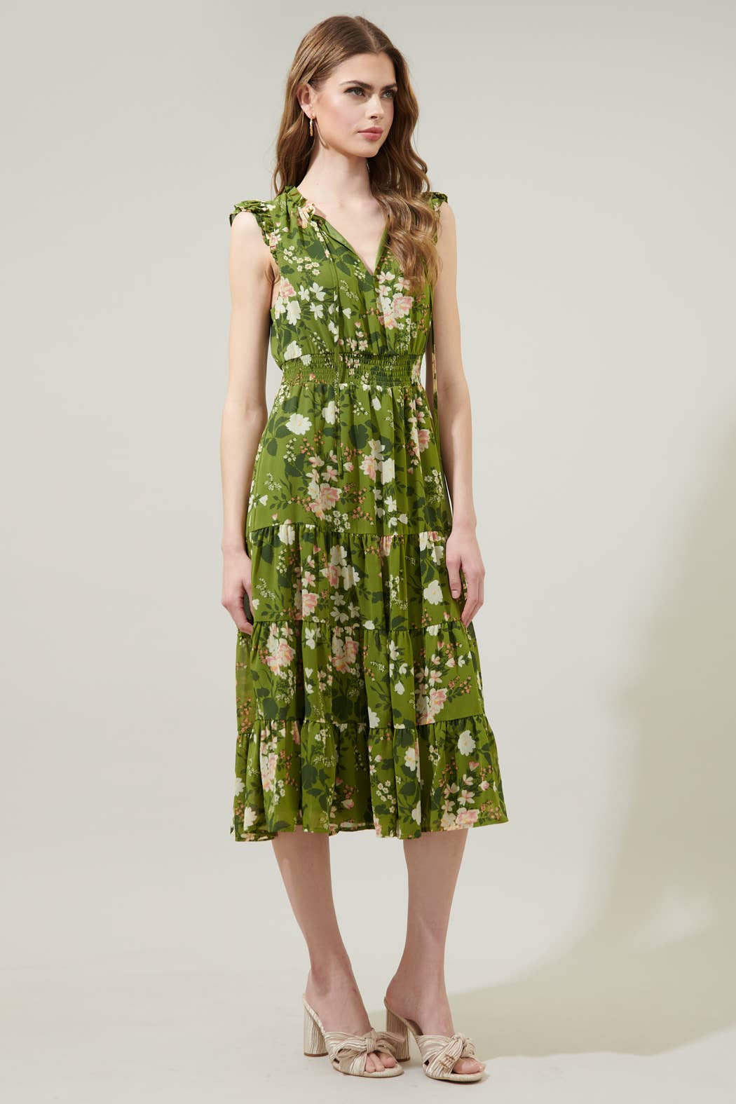 Shiloh Floral Pisces Smocked Midi Dress: IVORY-PINK-GREEN