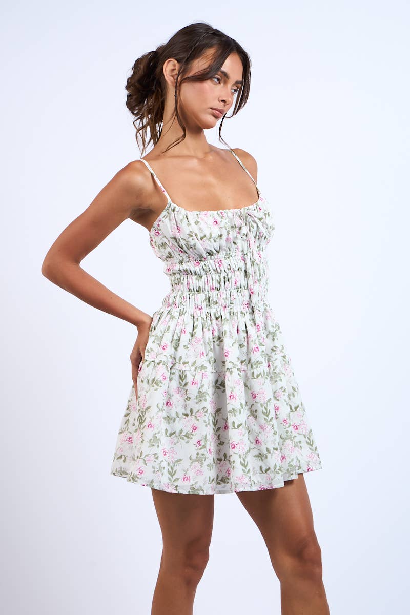 MINT-PINK FLORAL SMOCKED WAIST BAND MINI DRESS: Mint Pink Floral / SM-D20736F