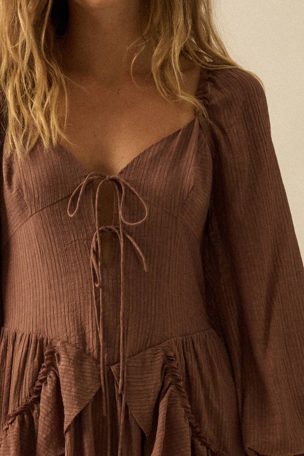 Tonal-Stripe Ruffled Tie-Front Peasant Romper: OATMEAL / NPC2301