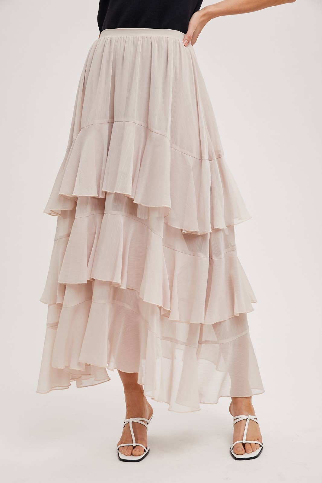TIERED RUFFLE MAXI SKIRT WITH LINING: Black B02722