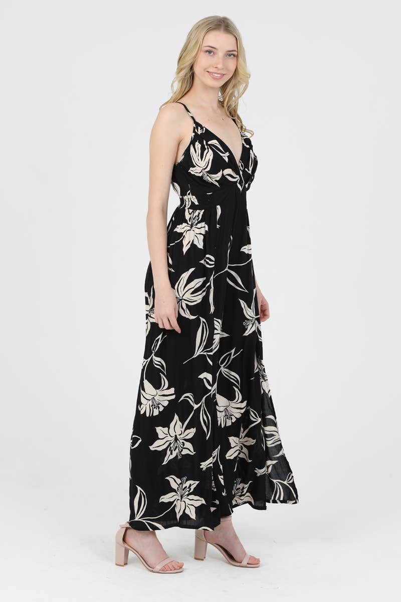 B5957-W921 V NECK SLIT LEG JUMPSUIT FLORAL PRINT: Blue