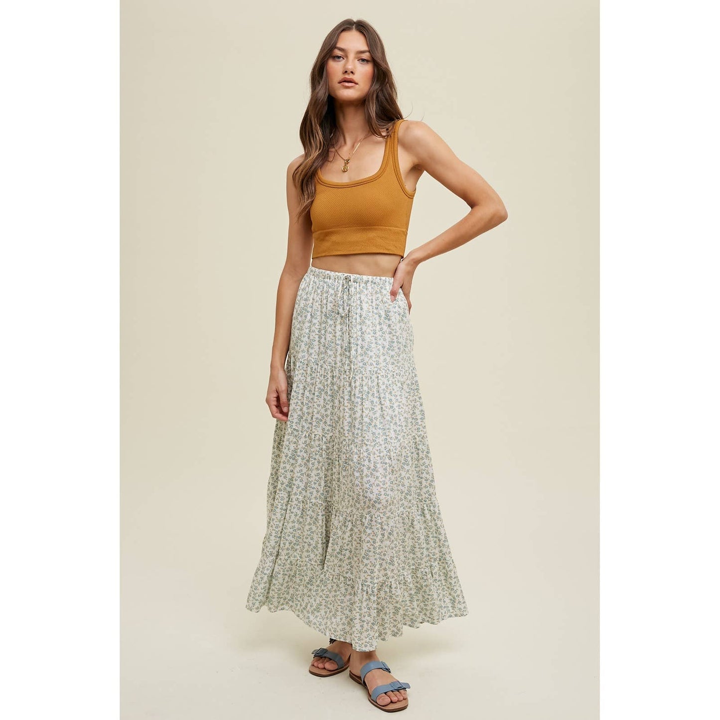 FLORAL TIERED MAXI SKIRT WITH DRAWSTRING / WL24-8678: D.SAGE