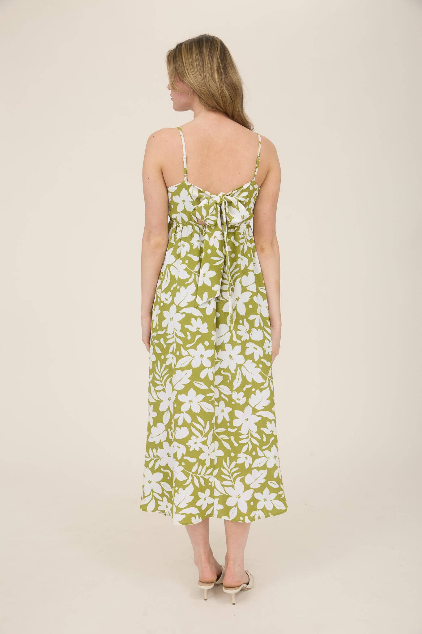FLORAL WAVY TRIM BACK TIE MIDI DRESS: CR2562 KIWI