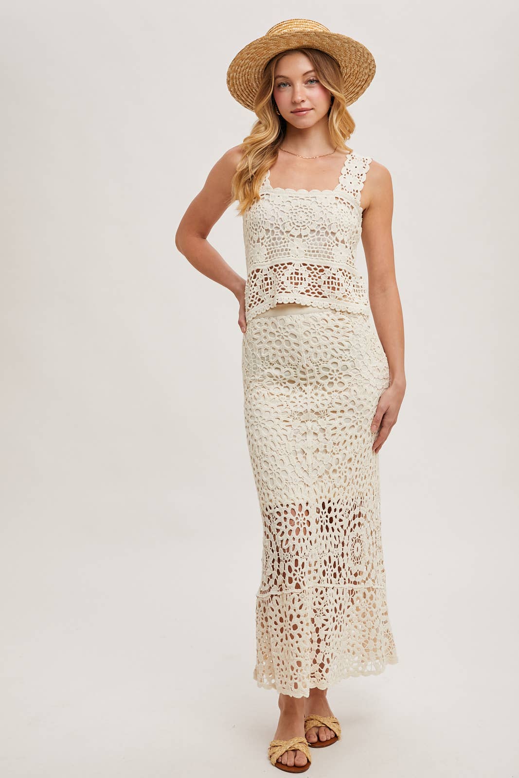 CROCHET MIDI SKIRT WITH LINING: NATURAL / B02609