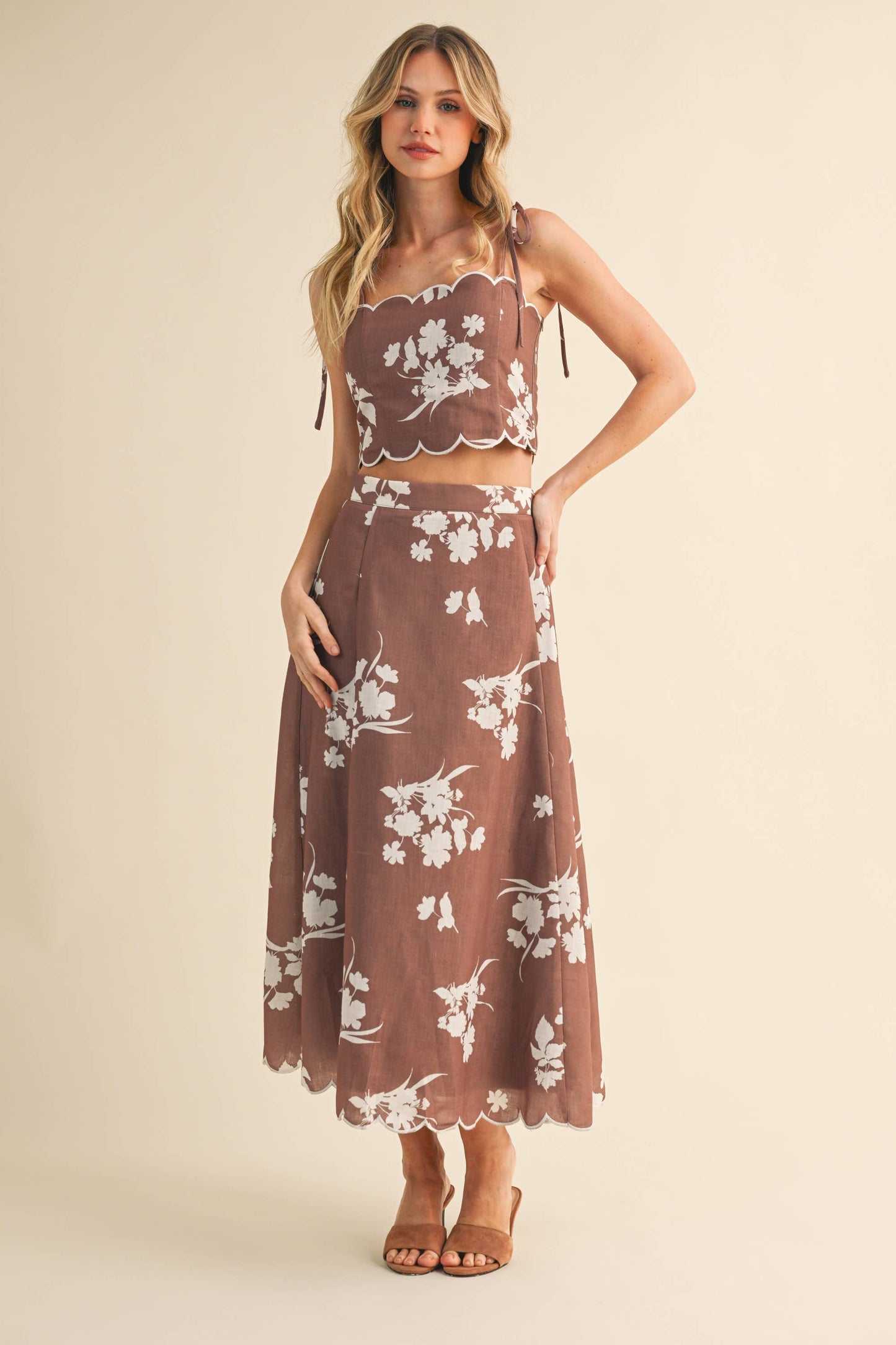 Top onlyyy💖 IST5941 FLORAL SCALLOPED CROP TOP AND MIDI SKIRT SET: IVORY/SAGE