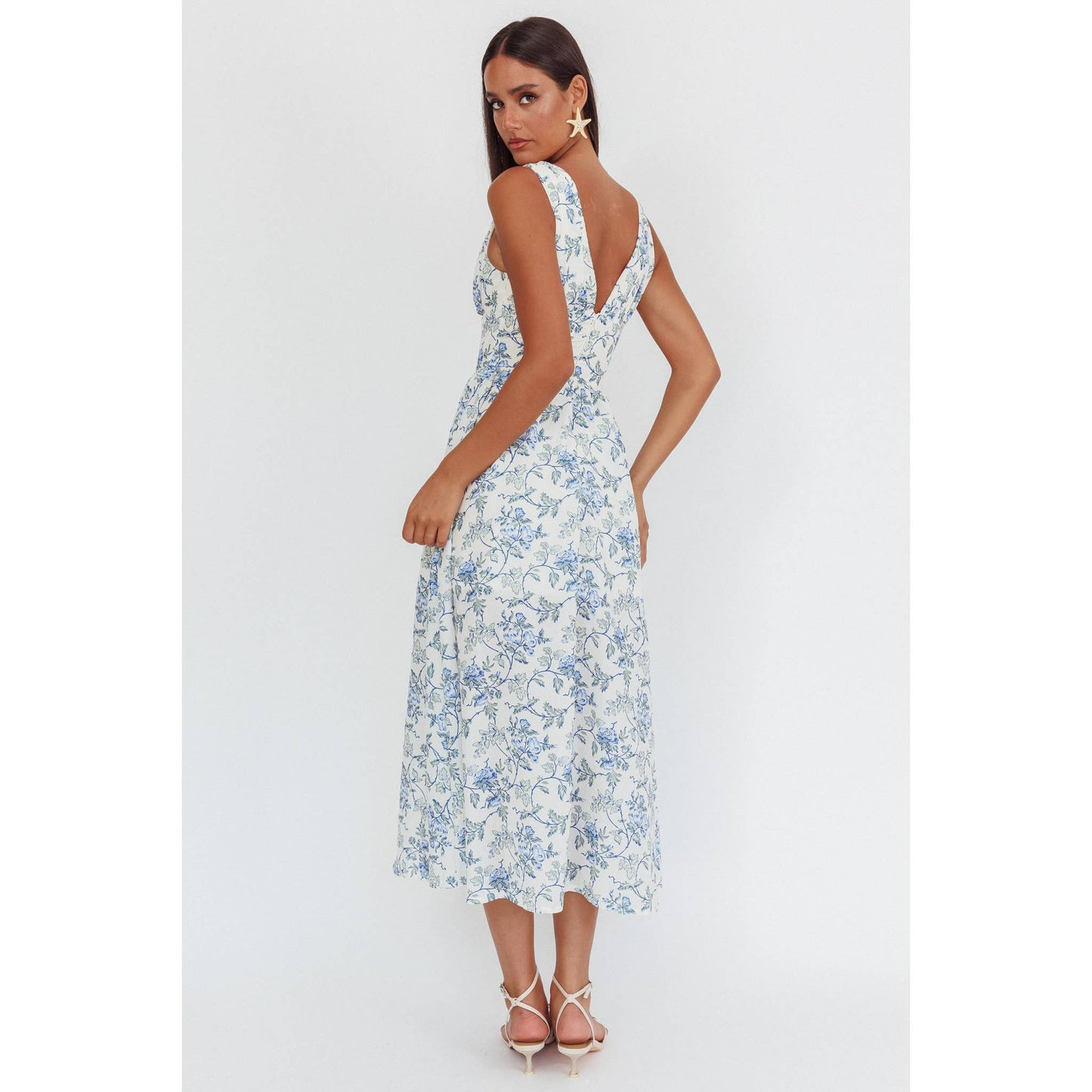 FLORAL PRINT MAXI DRESS: BLUE / ST5199D-1