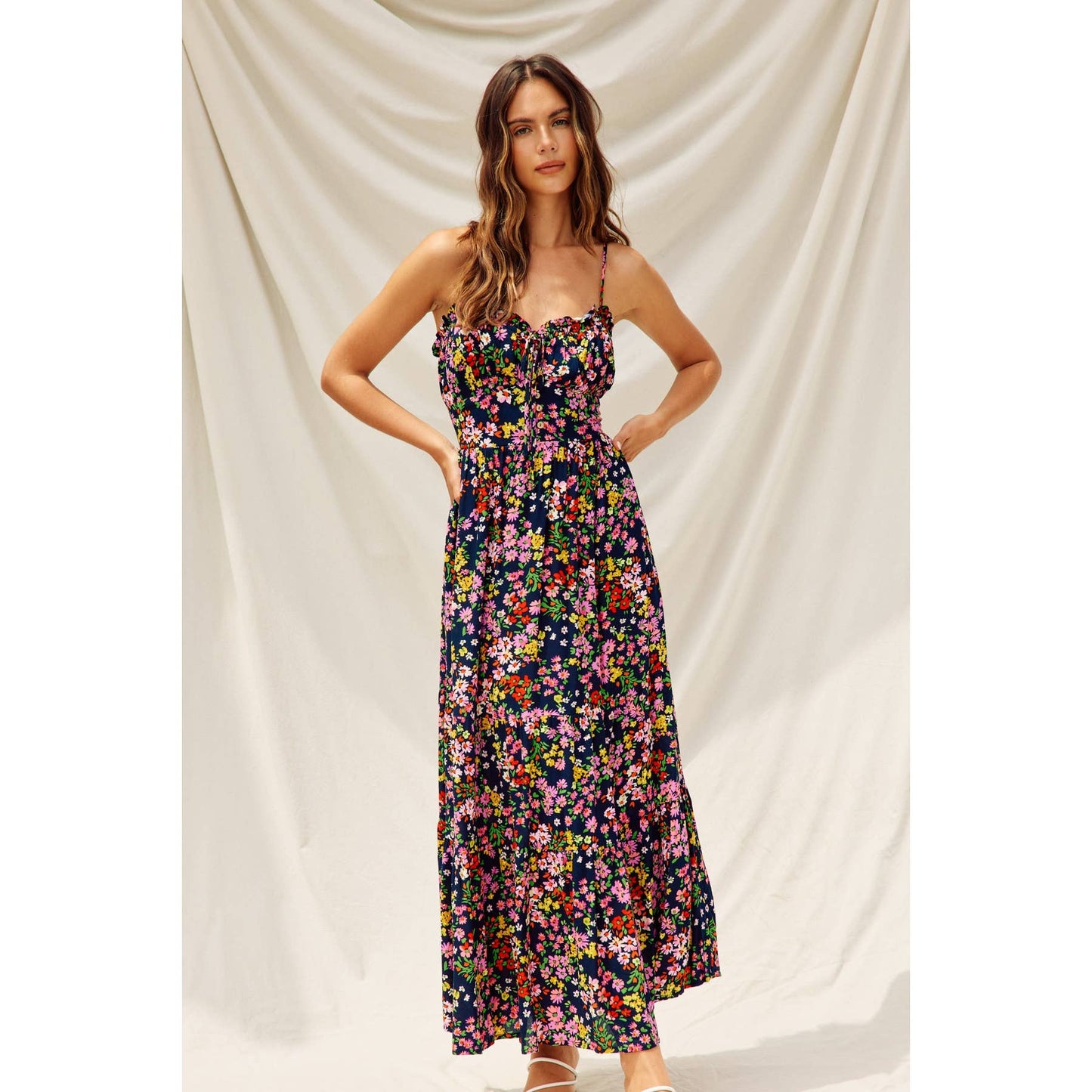 Full Bloom Corset Tie Back Dress: MIDNIGHT DAISY / FD9332-P1478