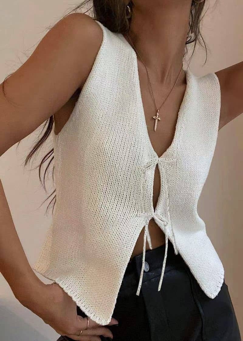 Stylish Sleeveless Lace-Up Knitted Vest: White / RCJW02216-White