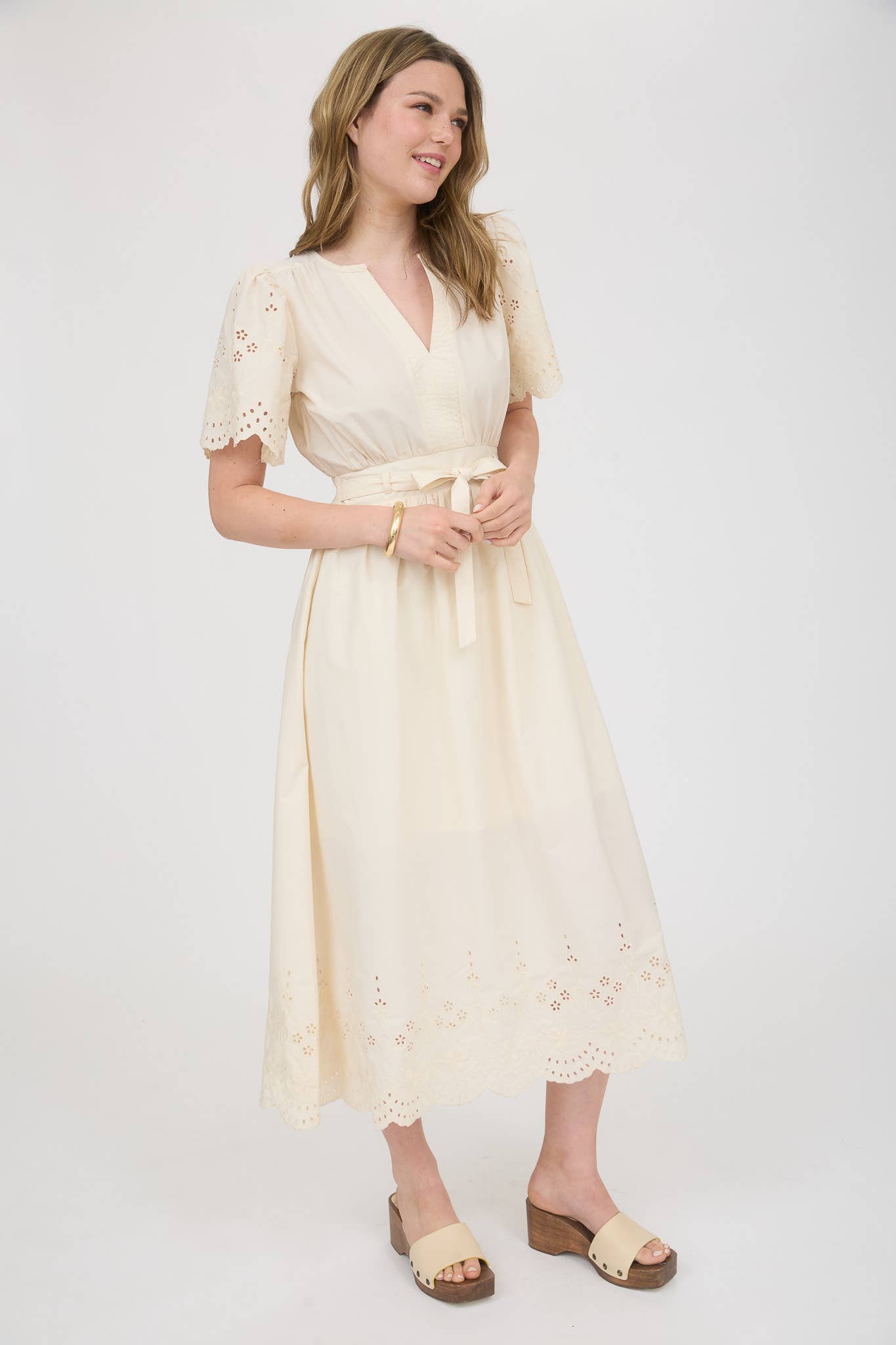 EMBROIDERY EYELET DETAIL BELTED MIDI CR2569 : CHAMPAGNE