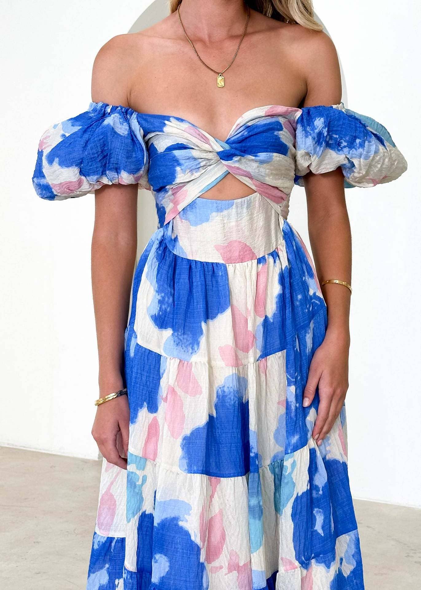 Puff off the shoulder twist floral prairie maxi dress: Yellow / RCJY00262-Yellow