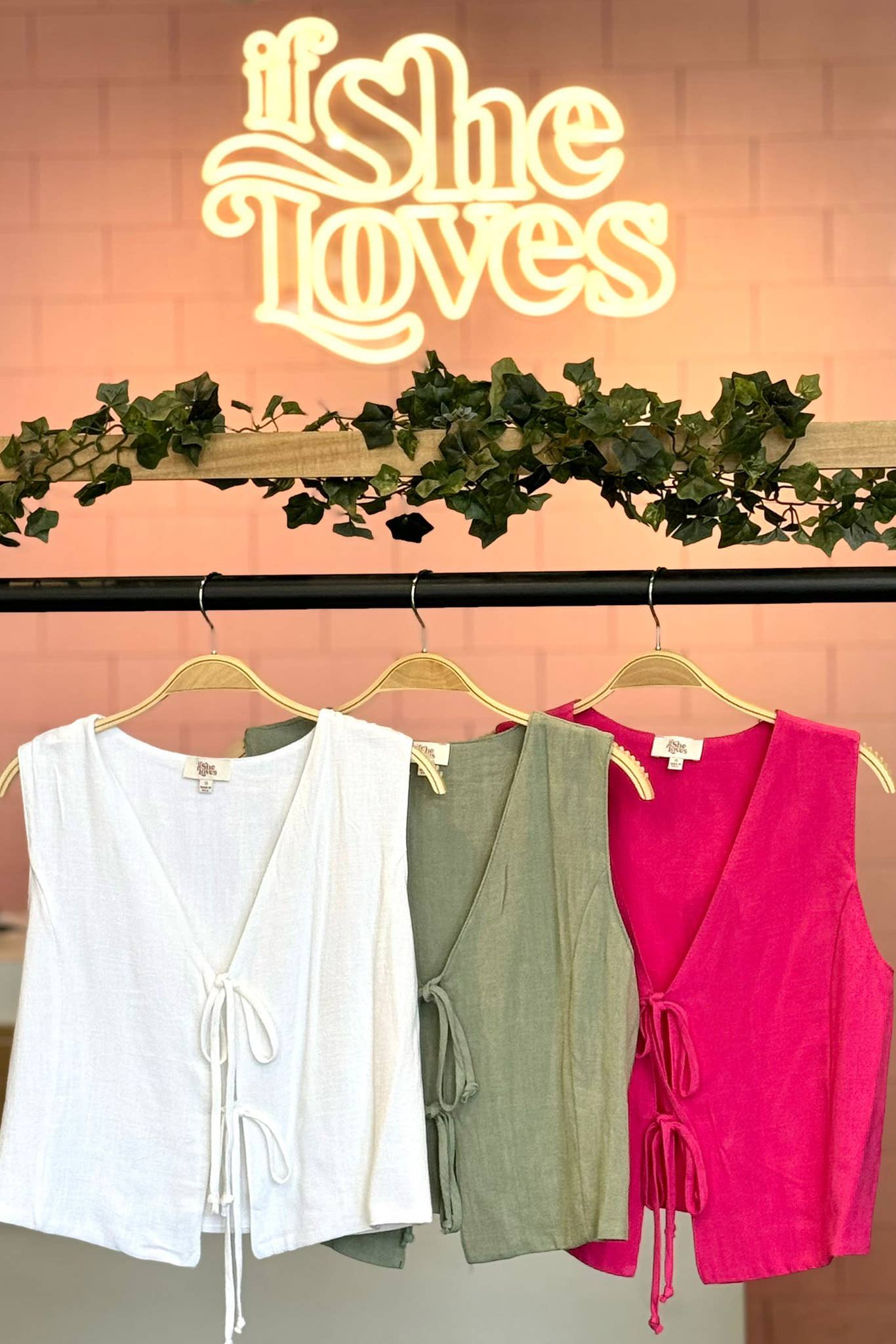 ISB1349 Linen Tie Vest Oatmeal: White