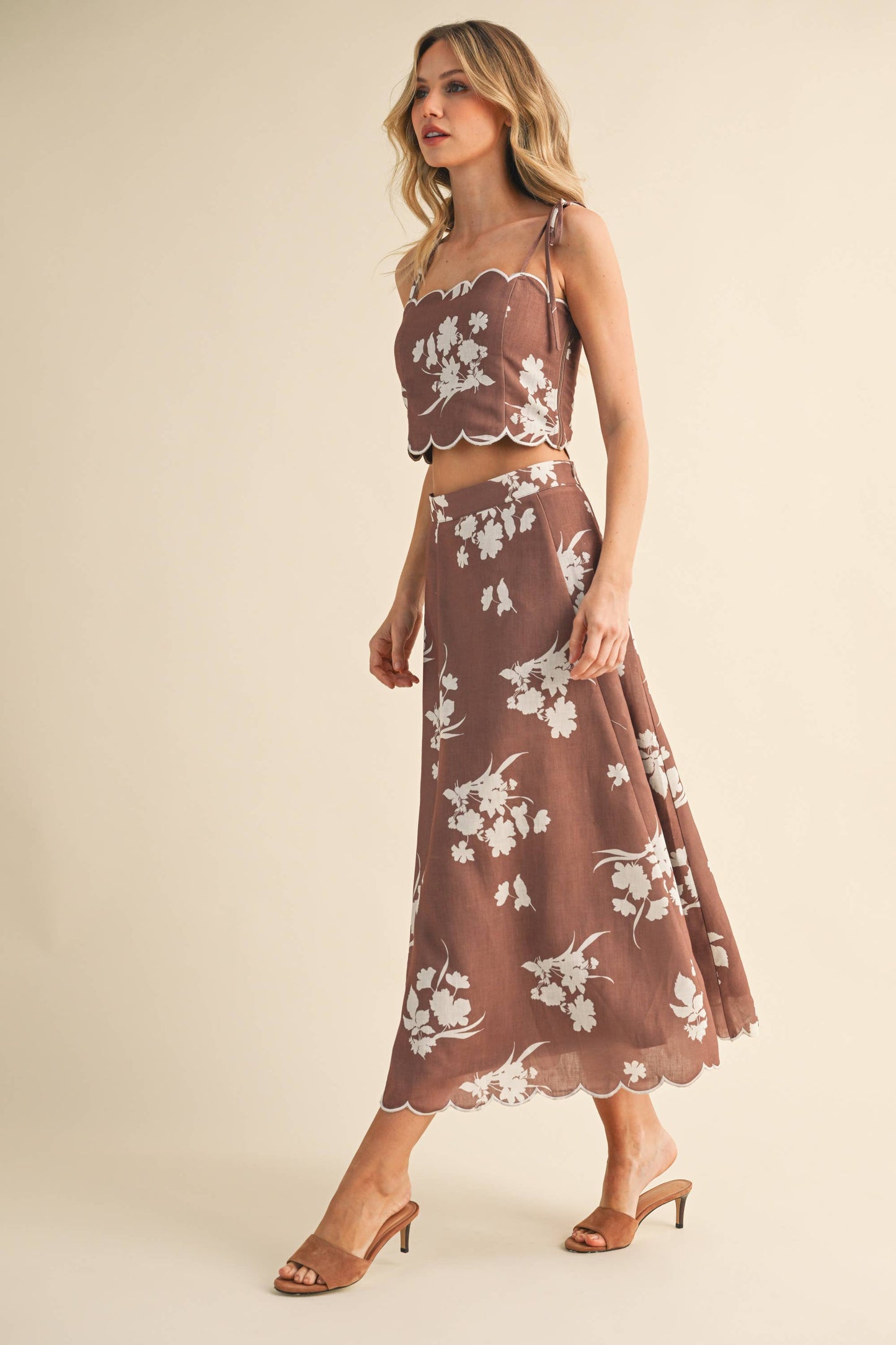 Top onlyyy💖 IST5941 FLORAL SCALLOPED CROP TOP AND MIDI SKIRT SET: IVORY/SAGE