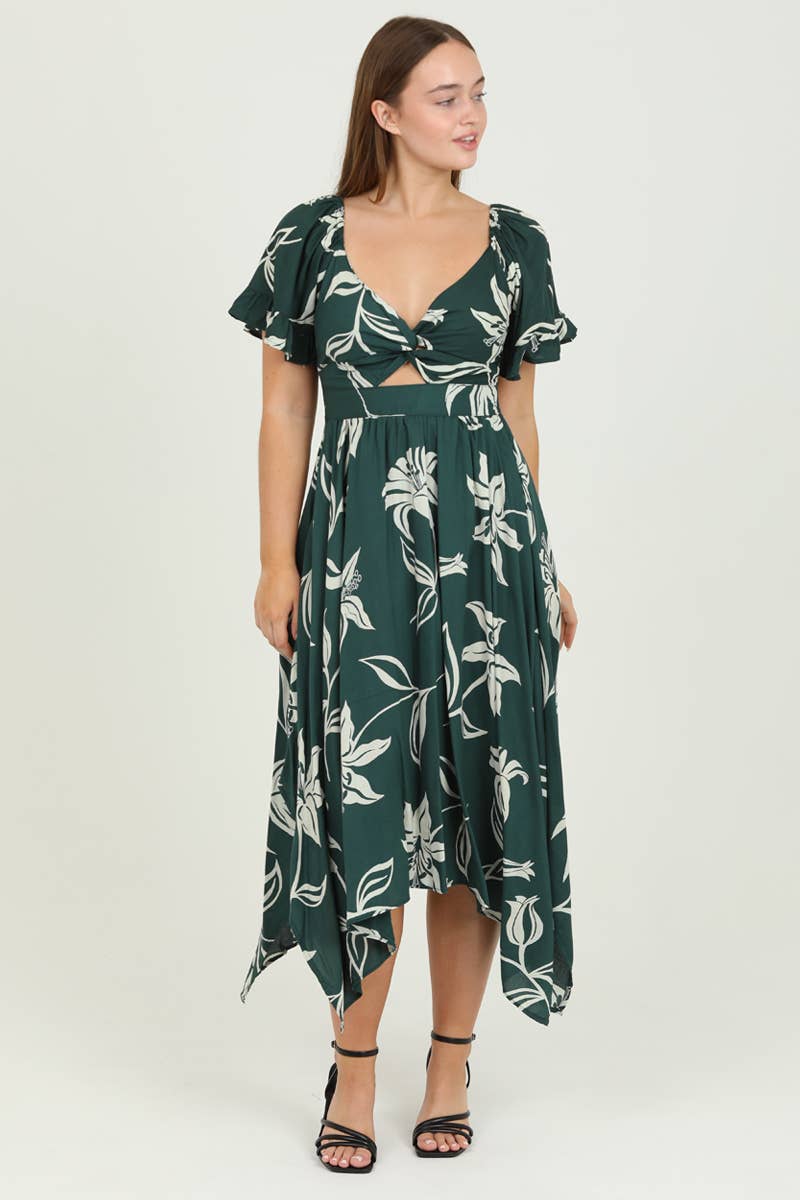 C4A03-W921V NECK TWIST FRONT CUT OUT HANKY HEM MAXI DRESS