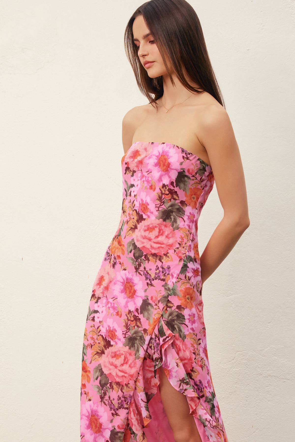 Garden Party Strapless Ruffled Slit Maxi Dress: ROSE LAVENDER / FD12726-P2091