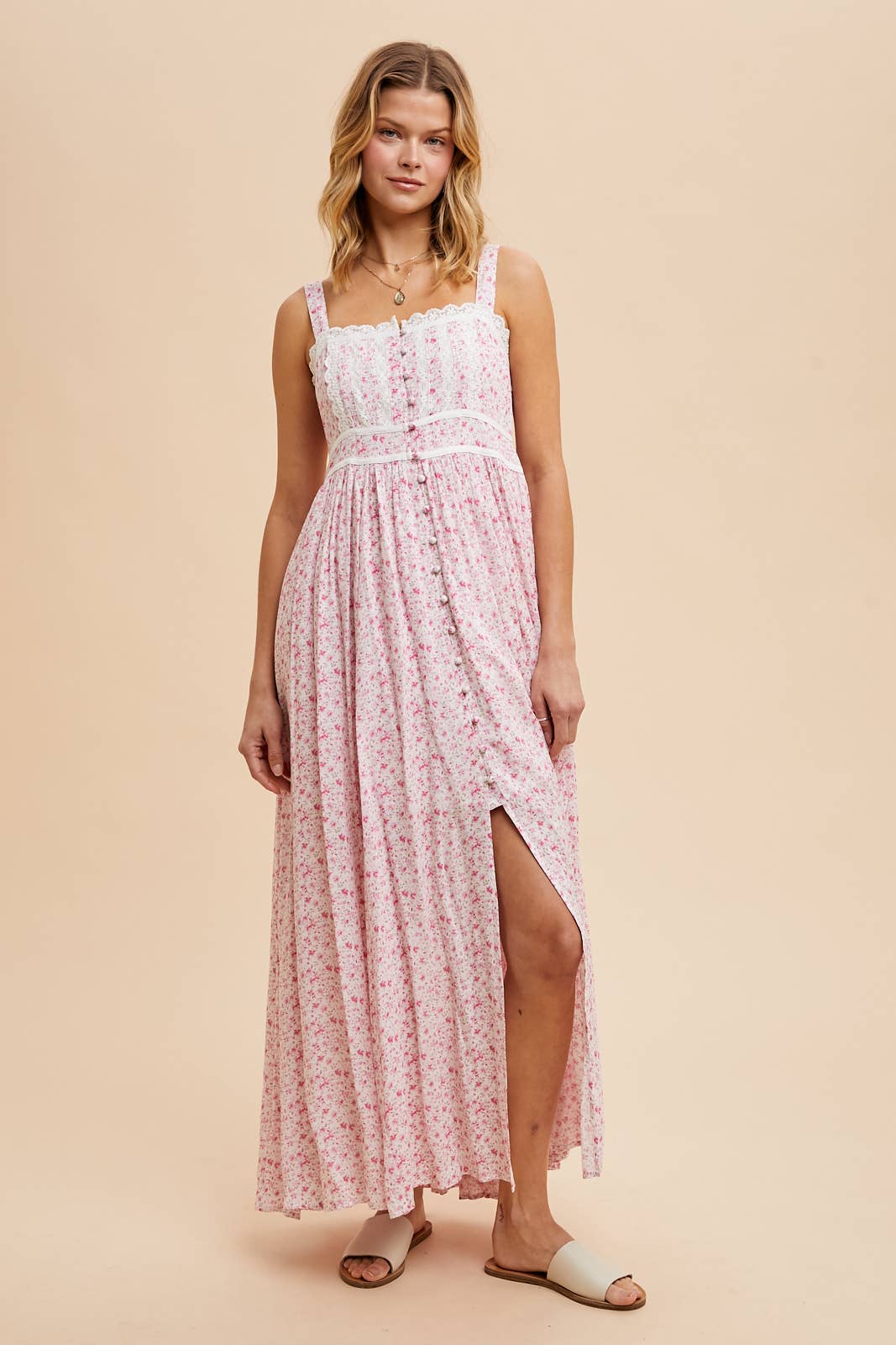 FLORAL BUTTON DOWN SLEEVELESS MAXI DRESS: FRENCH BLUE / ILD5708-1