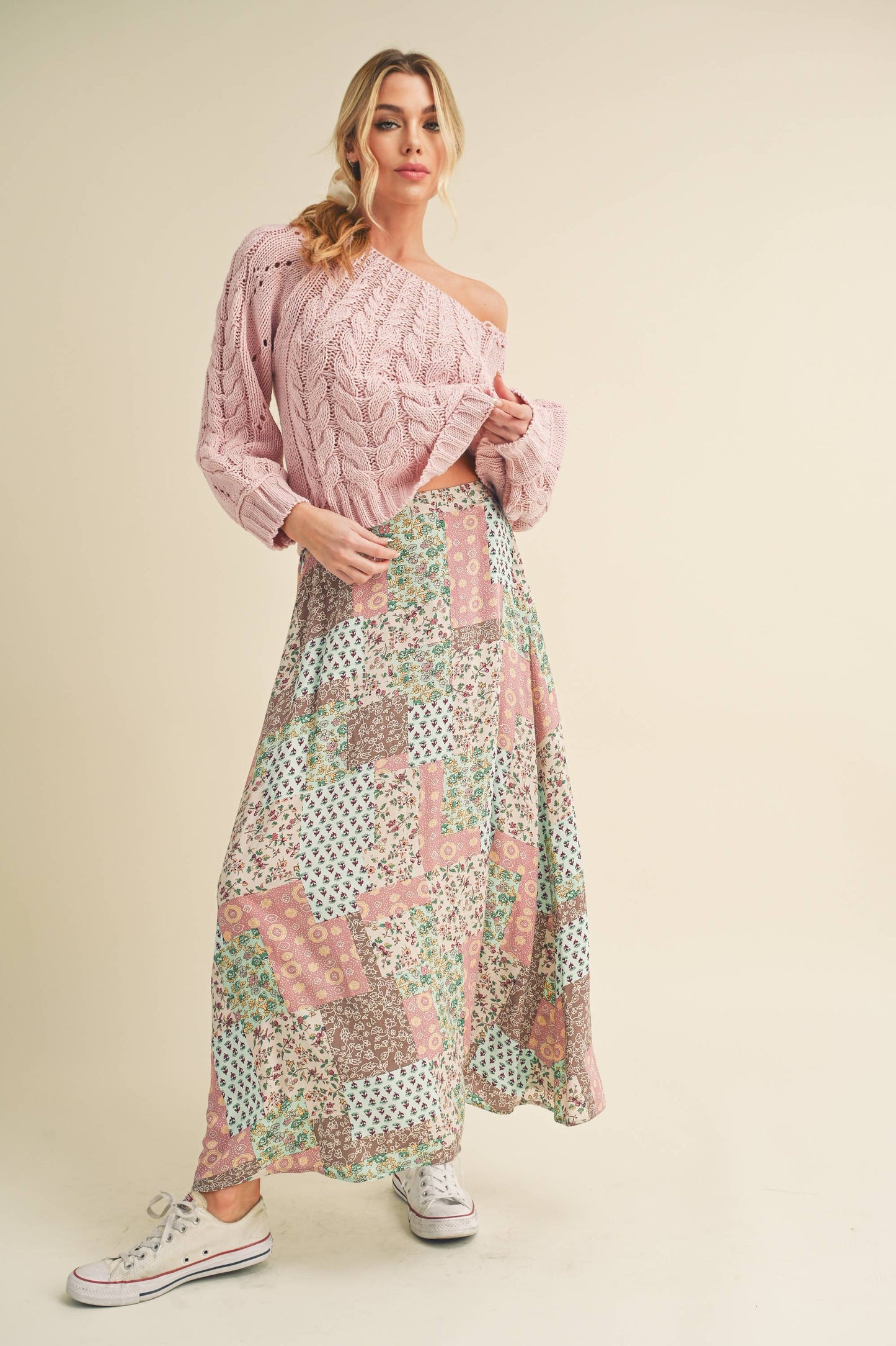 773DN-C6 Bradyn Patchwork Print Skirt / Mint/Pink