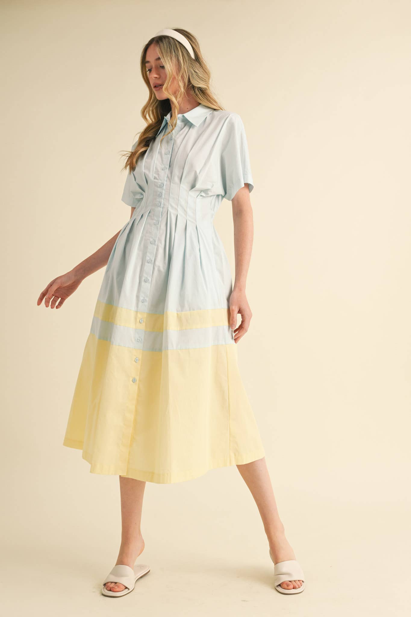 BUTTON DOWN PLEATED WAIST COLOR BLOCK MIDI DRESS MDR3556