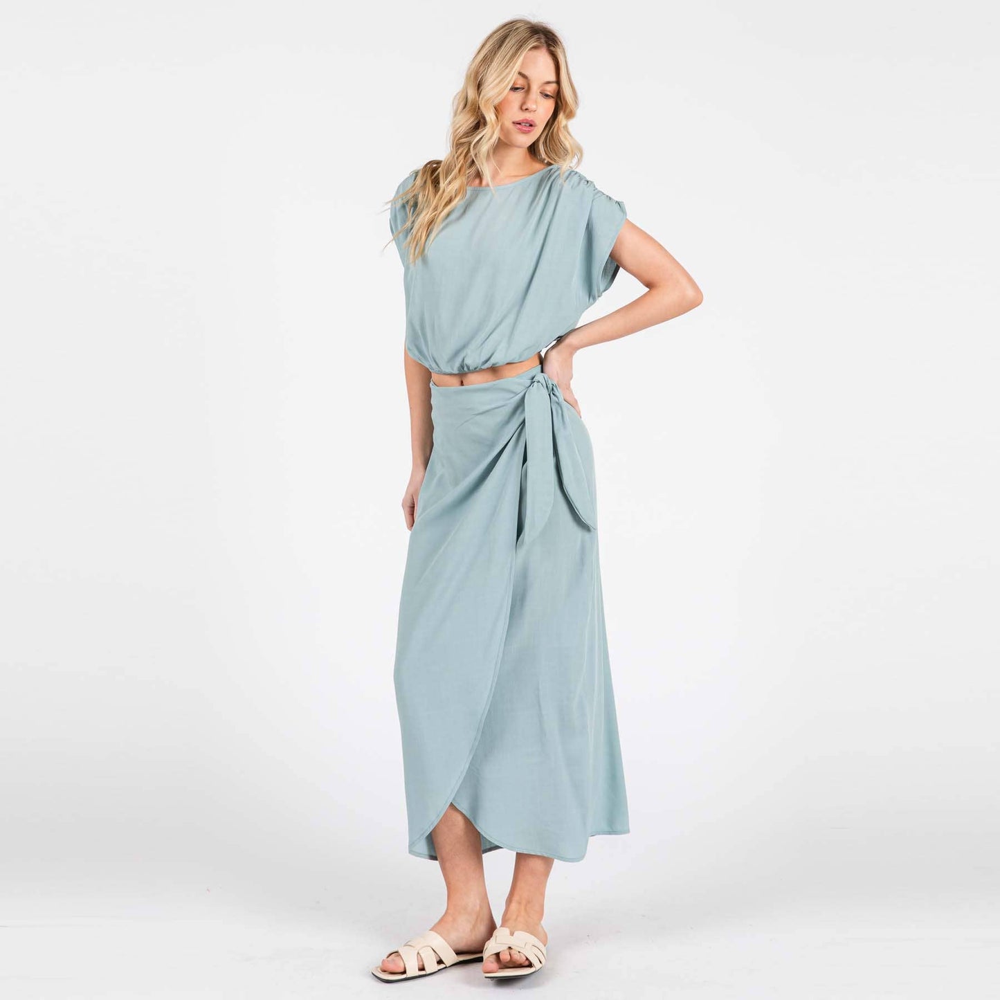 Wrap Midi Skirt With Side Tie - NS80148A: Sage Green