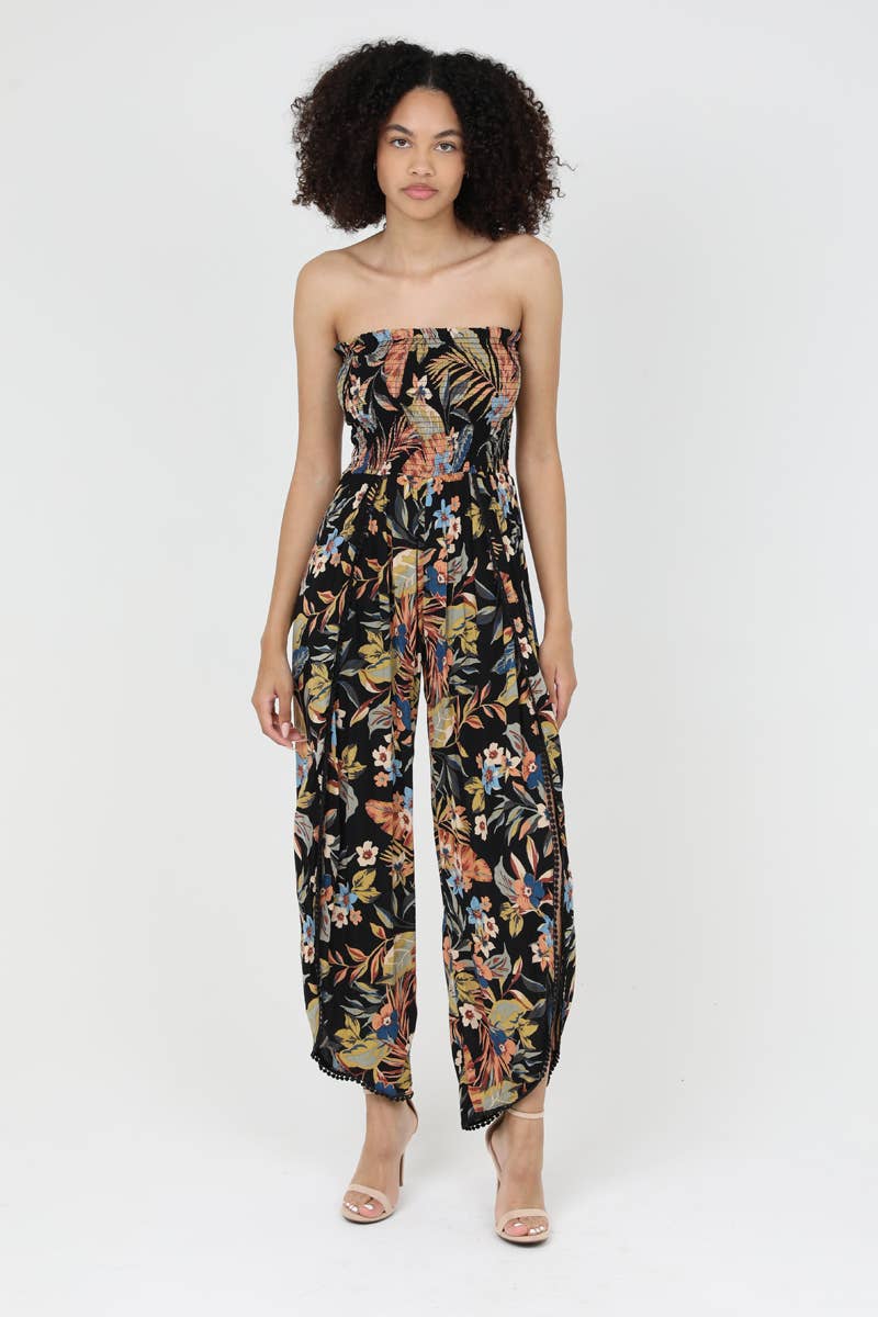 B5959-A878
SMOCKED BODICE STRAPLESS SLIT WRAP PANTS JUMPSUIT