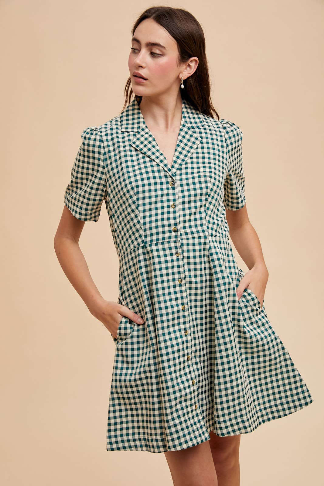 BUFFALO CHECK LAPEL MINI DRESS: MOCHA MOUSSE / ILD6403