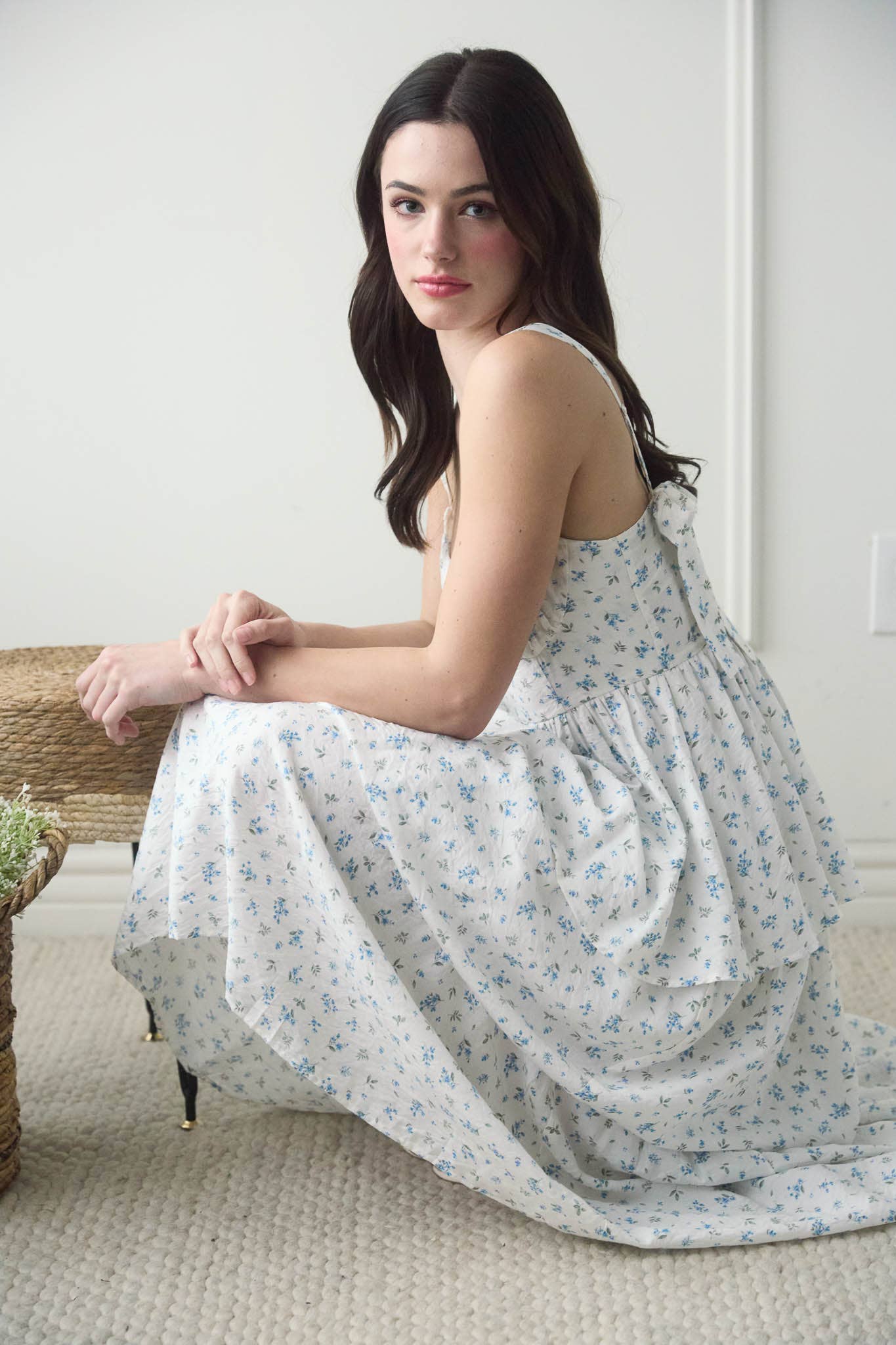 FLORAL SLEEVELESS CORSET RUFFLE TIERED MIDI DRESS: BLUE TB8824