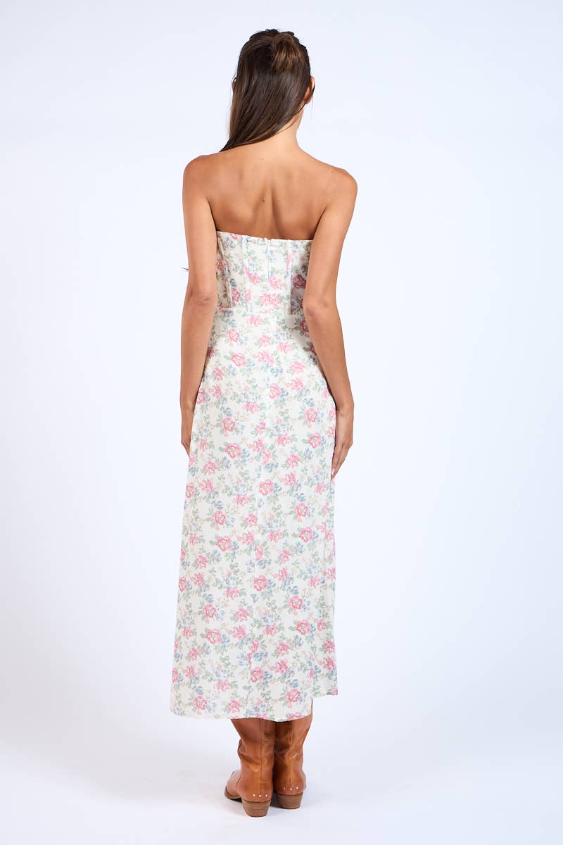 FLORAL STRAPLESS WAIST CUT OUT CORSET LONG DRESS: B/R Combo Floral / SM-D20430K