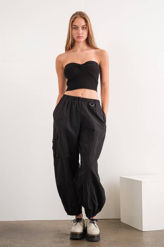 PT17054 - Stella Twist Front Rib Knit Bandeau Top: BLACK