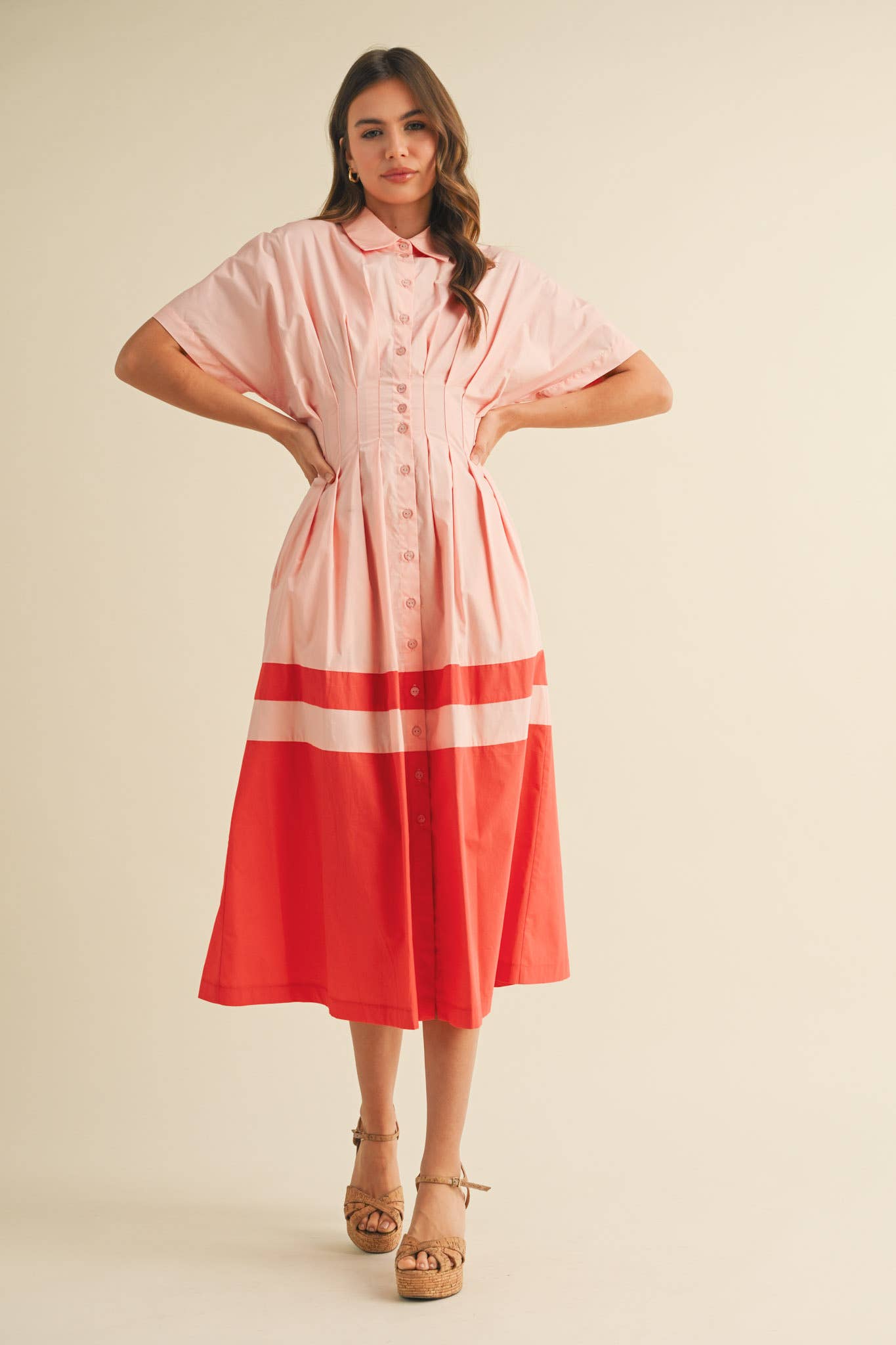 BUTTON DOWN PLEATED WAIST COLOR BLOCK MIDI DRESS MDR3556