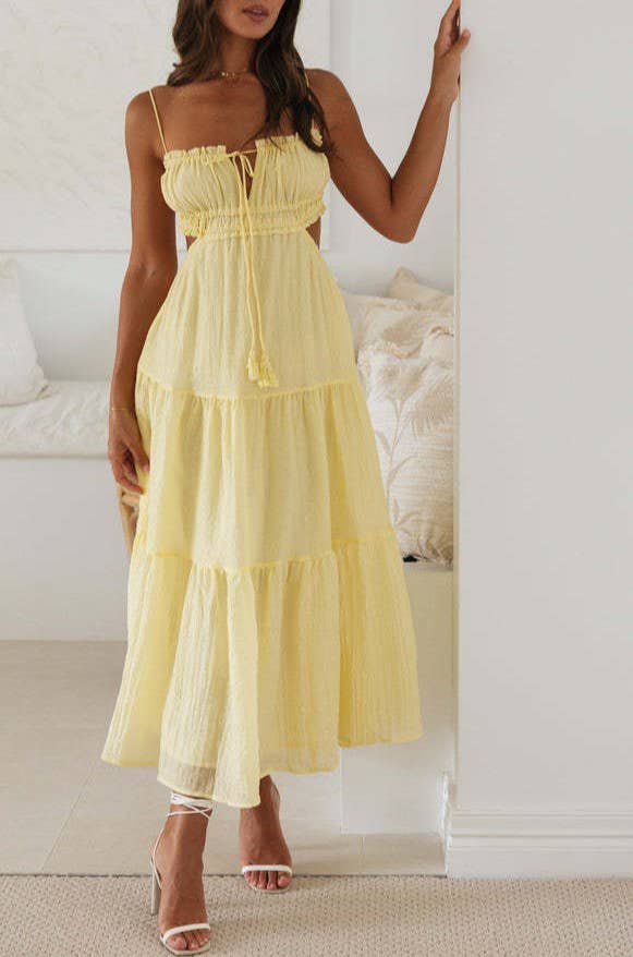Solid bandeau strap backless swing maxi tiered dress: Blue / RCJY00340-Blue