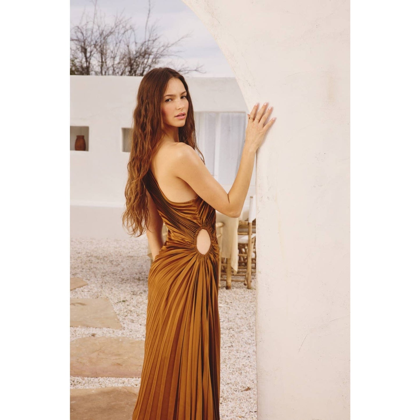 Olympia Asymmetrical Pleated Maxi Dress : BLUE SAPPHIRE