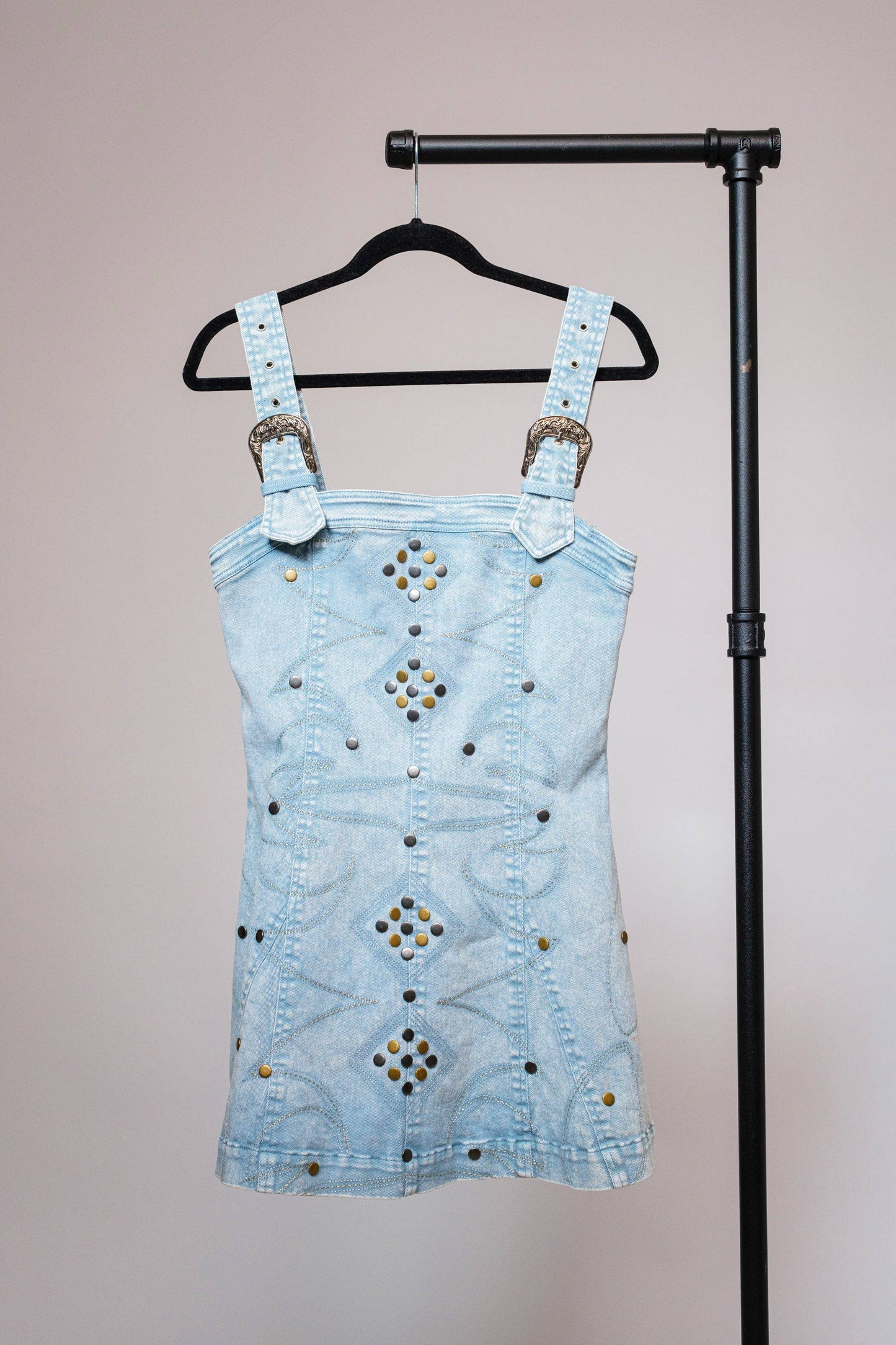 23466D - Studded Western Buckle Stretch Denim Dress: SAND