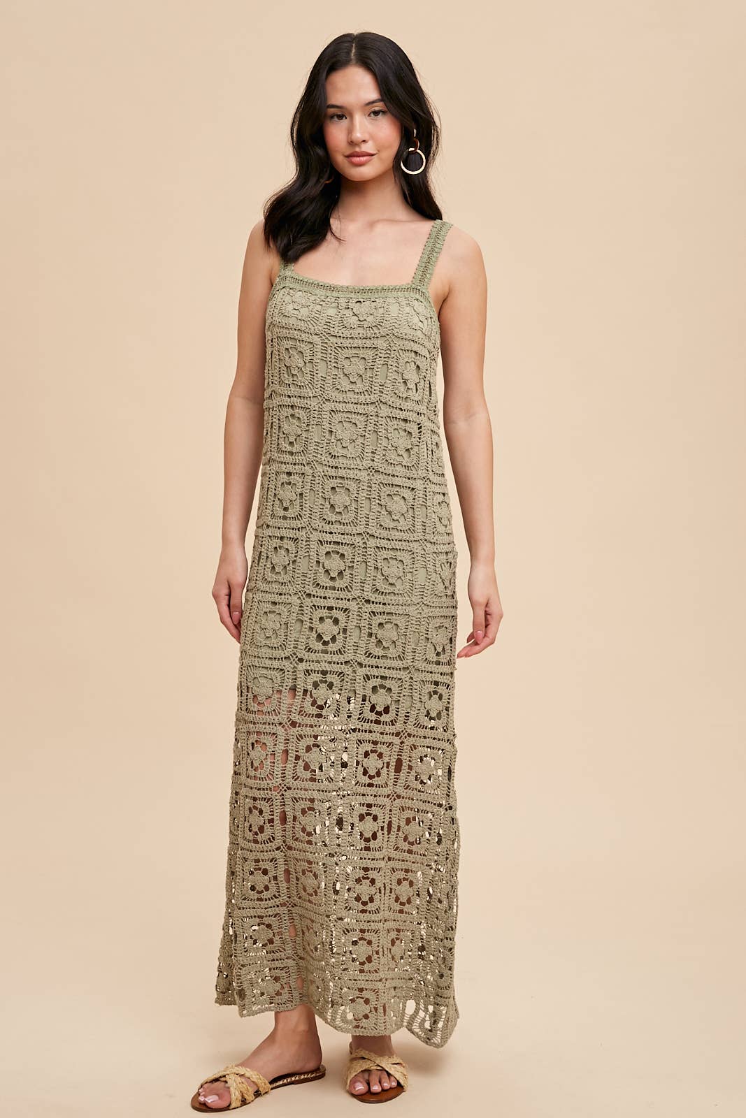 COTTON CROCHET MAXI TANK DRESS: DUSTY OLIVE / ILD5424-N