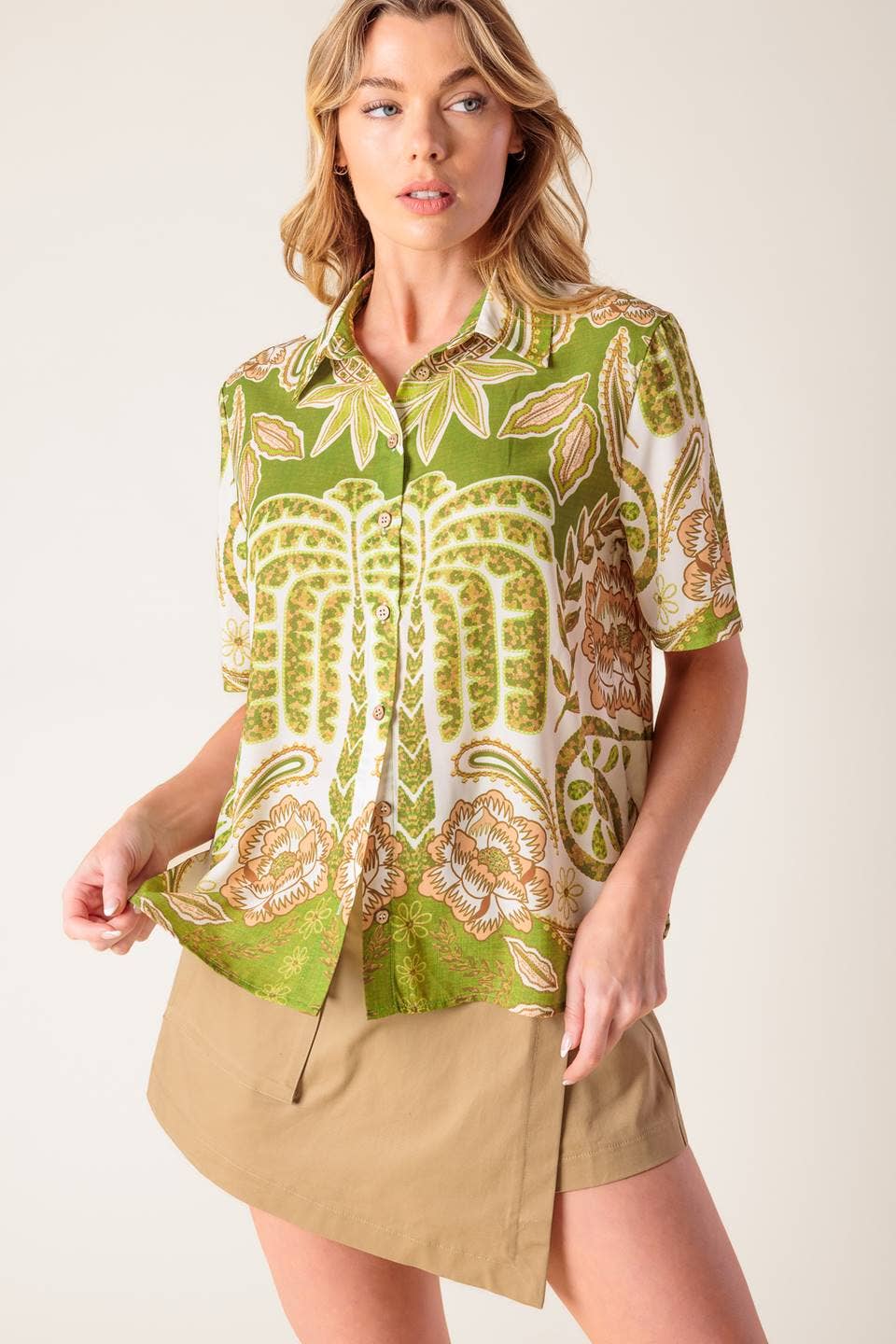 A printed woven shirt - IT13521: IVORY GREEN