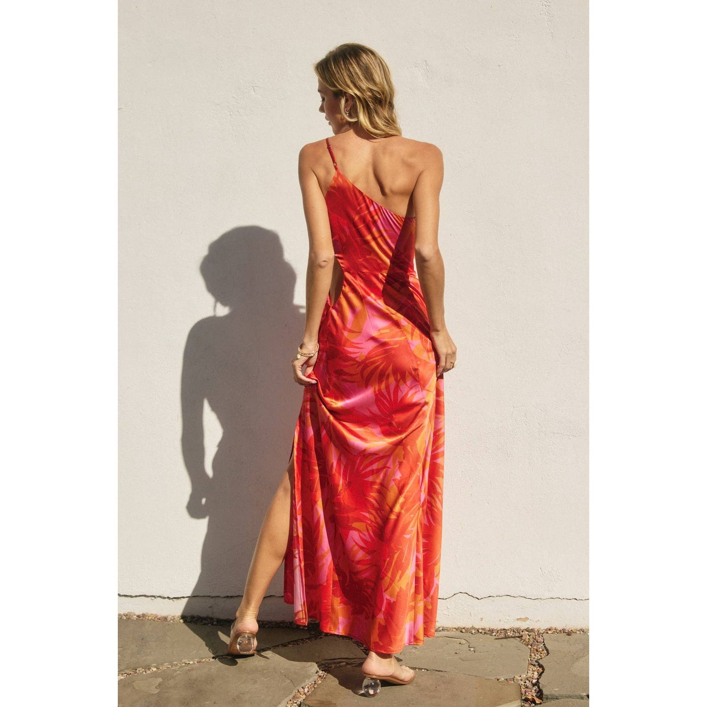 Sunset Lover One Shoulder Ruched Maxi Dress: FLAME SCARLET / FD12686-P1931_1