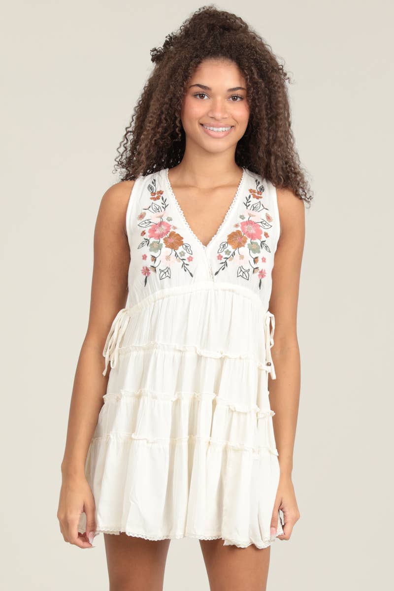 C4H75-EMB V NECK TIERED TANK DRESS WITH SIDE TIES AND EMBROI: