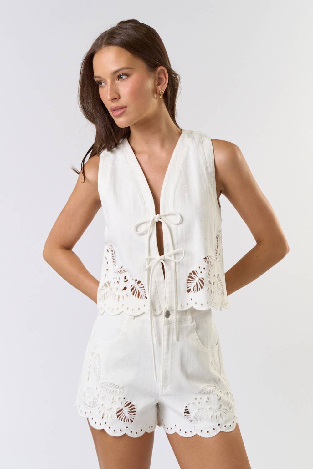 ILT5284 Front Tie Embroidered Vest: Brown